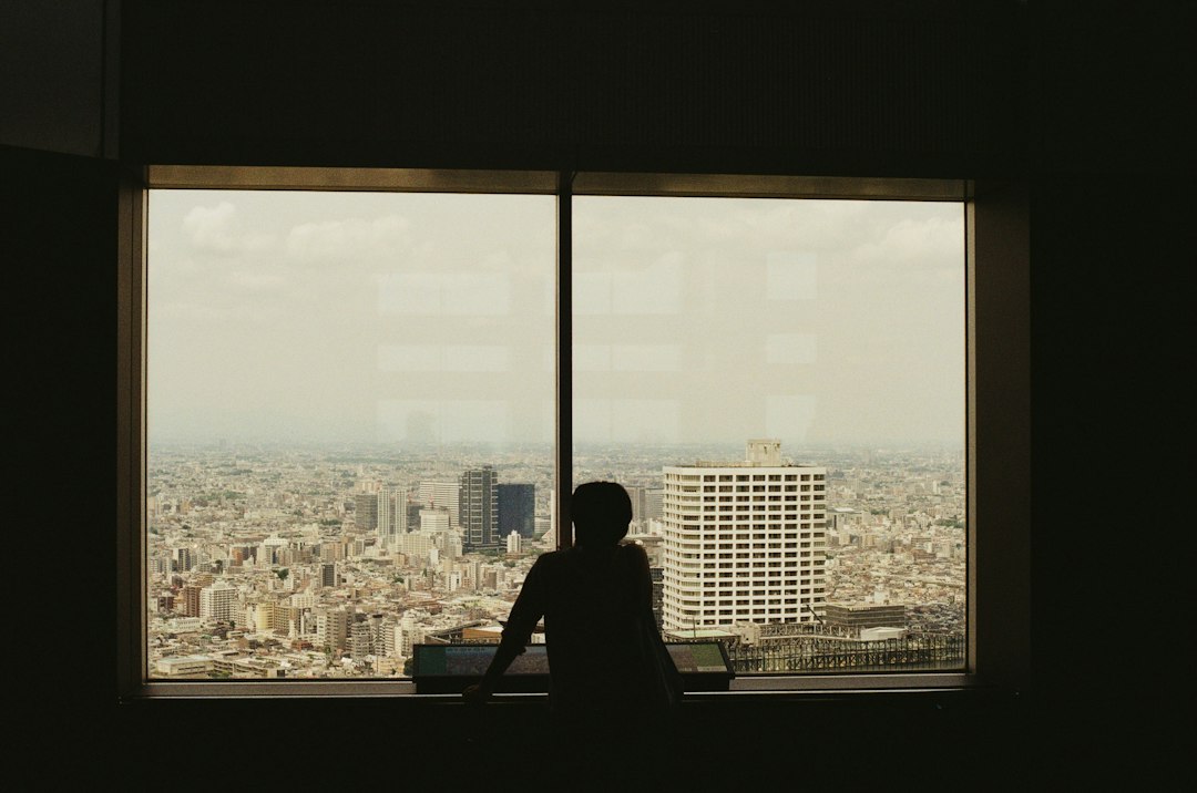 街を見渡す人物。現状の外側のゴールを考えるイメージ